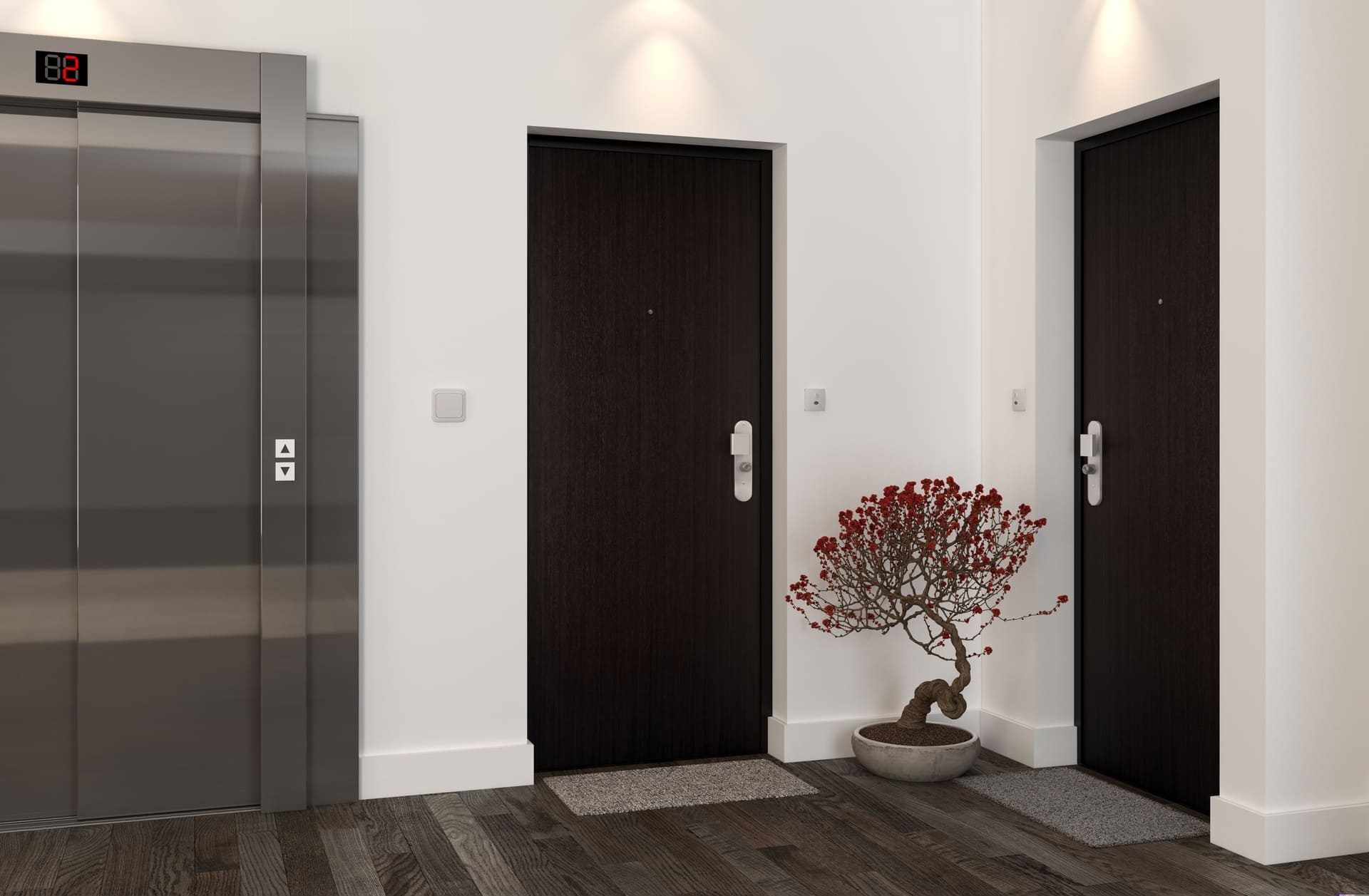 Deux portes blindées noires dans un couloir