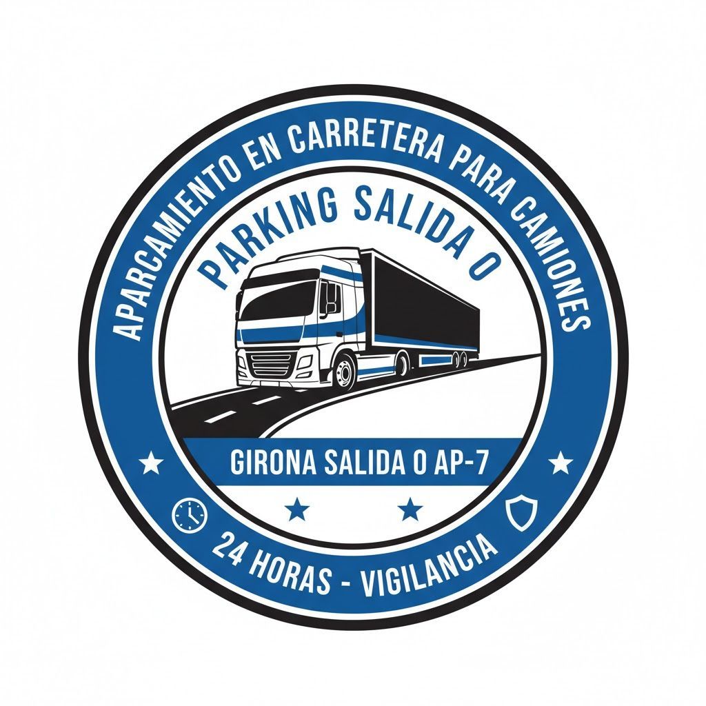 Señal circular: Aparcamiento de camiones en Girona, España; vigilancia 24 horas. Incluye un gráfico de camión y marcas viales.