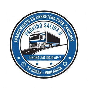 Señal circular: Aparcamiento de camiones en Girona, España; vigilancia 24 horas. Incluye un gráfico de camión y marcas viales.