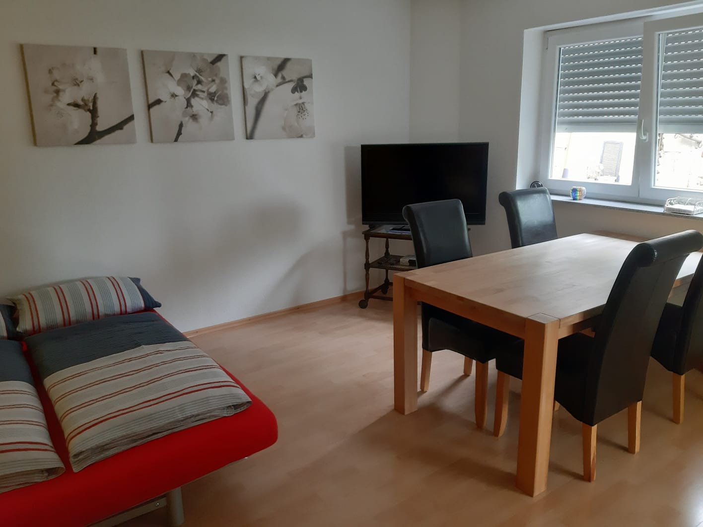 Tisch mit Stühlen, Fernseher, Fenster