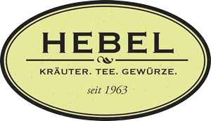 HEBEL logo on pale yellow oval with black border; text: "Kr&auml;uter. Tee. Gew&uuml;rze." and "seit 1963"