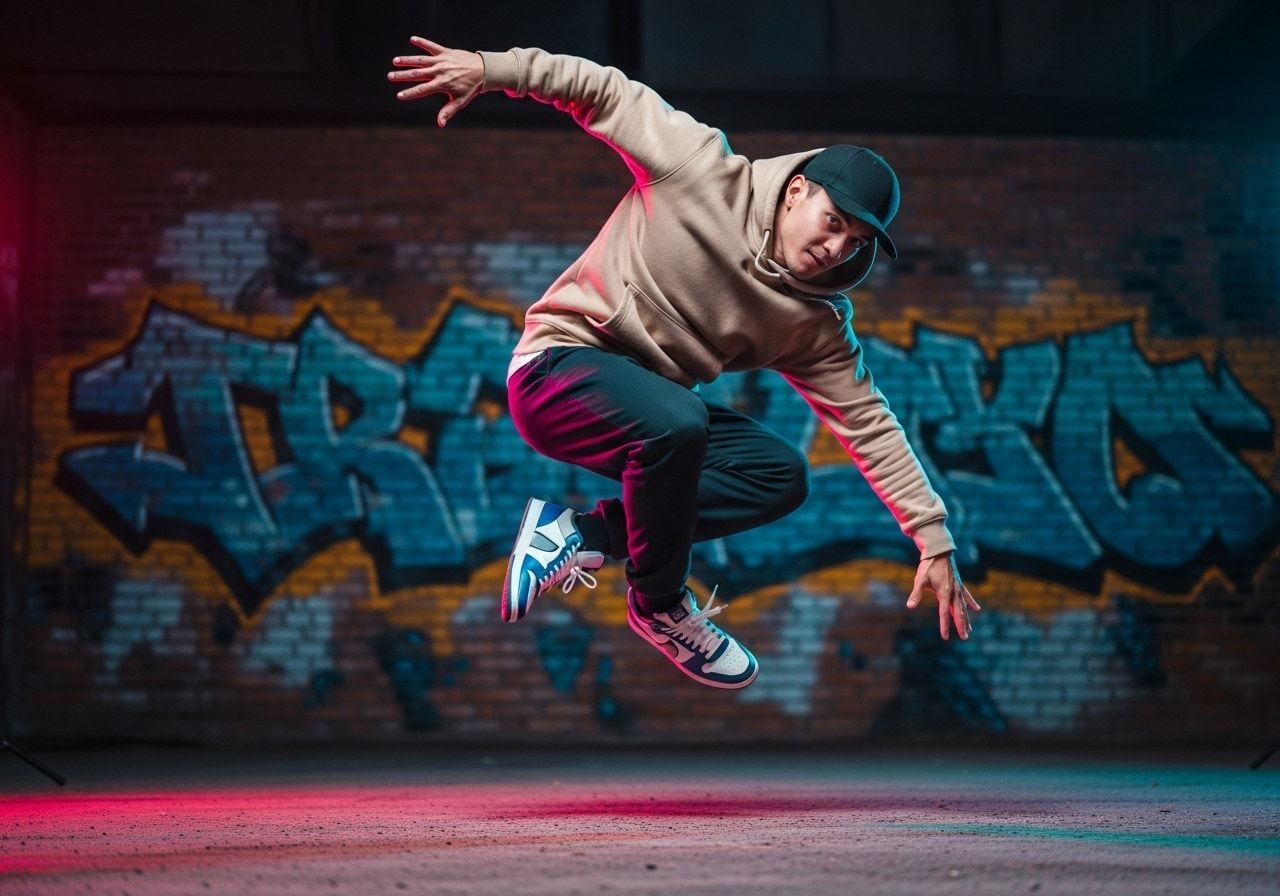 Bailarín de breakdance en acción, en el aire, en blanco y negro, frente a una pared cubierta de grafitis.