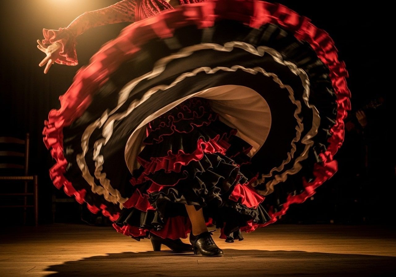 Bailaora de flamenco en movimiento, con la falda ondeando. Blanco y negro, piernas y pies enfocados en el escenario.