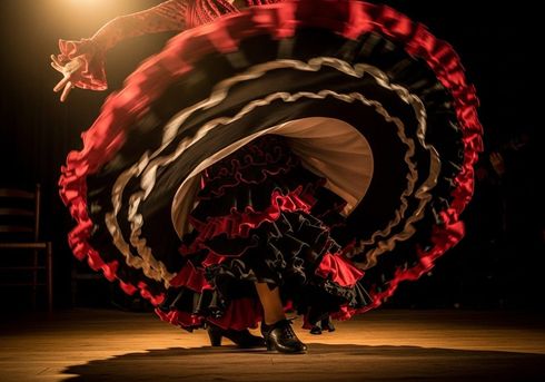 Bailaora de flamenco en movimiento, con la falda ondeando. Blanco y negro, piernas y pies enfocados en el escenario.