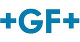 Un logotipo azul y blanco que dice gf + sobre un fondo blanco.
