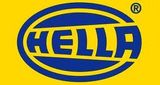 Un logotipo azul y amarillo de Hella sobre un fondo amarillo.