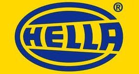 Un logotipo azul y amarillo de Hella sobre un fondo amarillo.