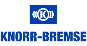 Un logotipo Knorr-Bremse azul y blanco sobre un fondo blanco.