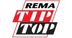 Un logotipo rojo y negro para rema tip top sobre un fondo blanco.