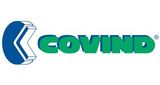 Un logotipo azul y verde para COVID sobre un fondo blanco.