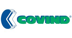 Un logotipo azul y verde para COVID sobre un fondo blanco.
