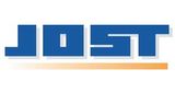 Un logotipo azul y naranja para Jost sobre un fondo blanco.