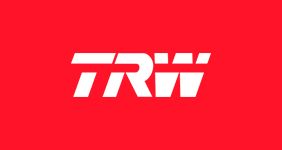 El logotipo de TRW está sobre un fondo rojo.