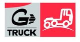 Un logotipo para una empresa llamada Go Truck con un camión en una colina.