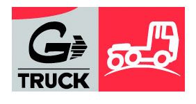 Un logotipo para una empresa llamada Go Truck con un camión en una colina.