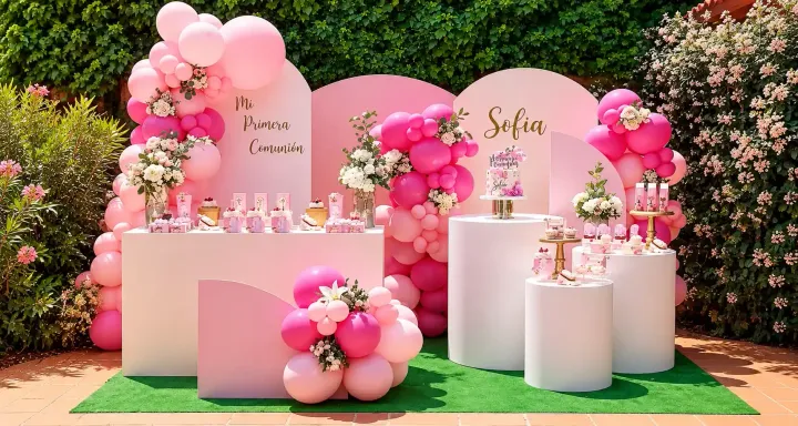 Una mesa con globos rosas y flores encima.