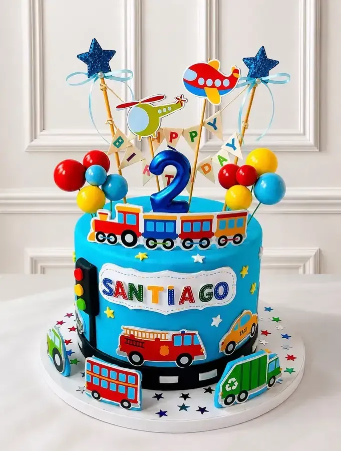 Tarta de cumpleaños azul de dos pisos con el número 2, decoración de trenes, globos y el nombre Santiago.