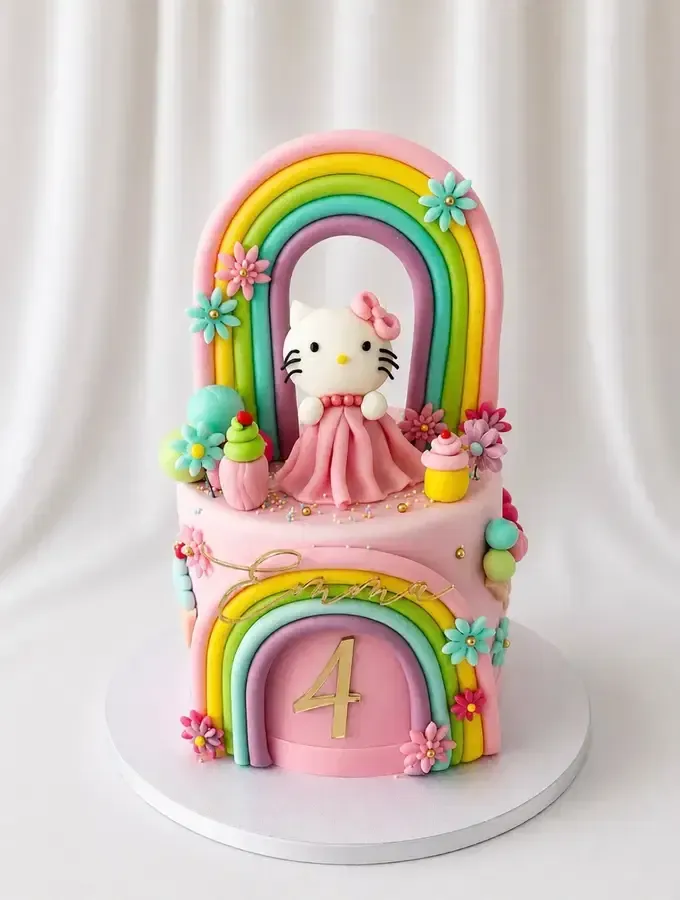 Tarta rosa de Hello Kitty con arcos de arcoíris y flores sobre un soporte blanco.