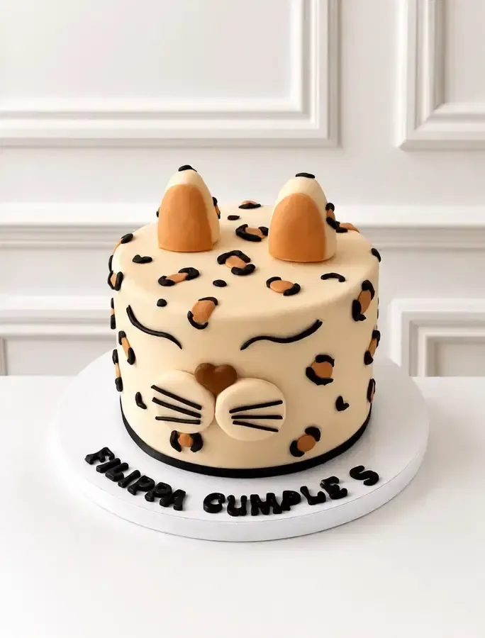 Tarta de cumpleaños con temática de gatos, con glaseado de crema, manchas de chocolate y la inscripción