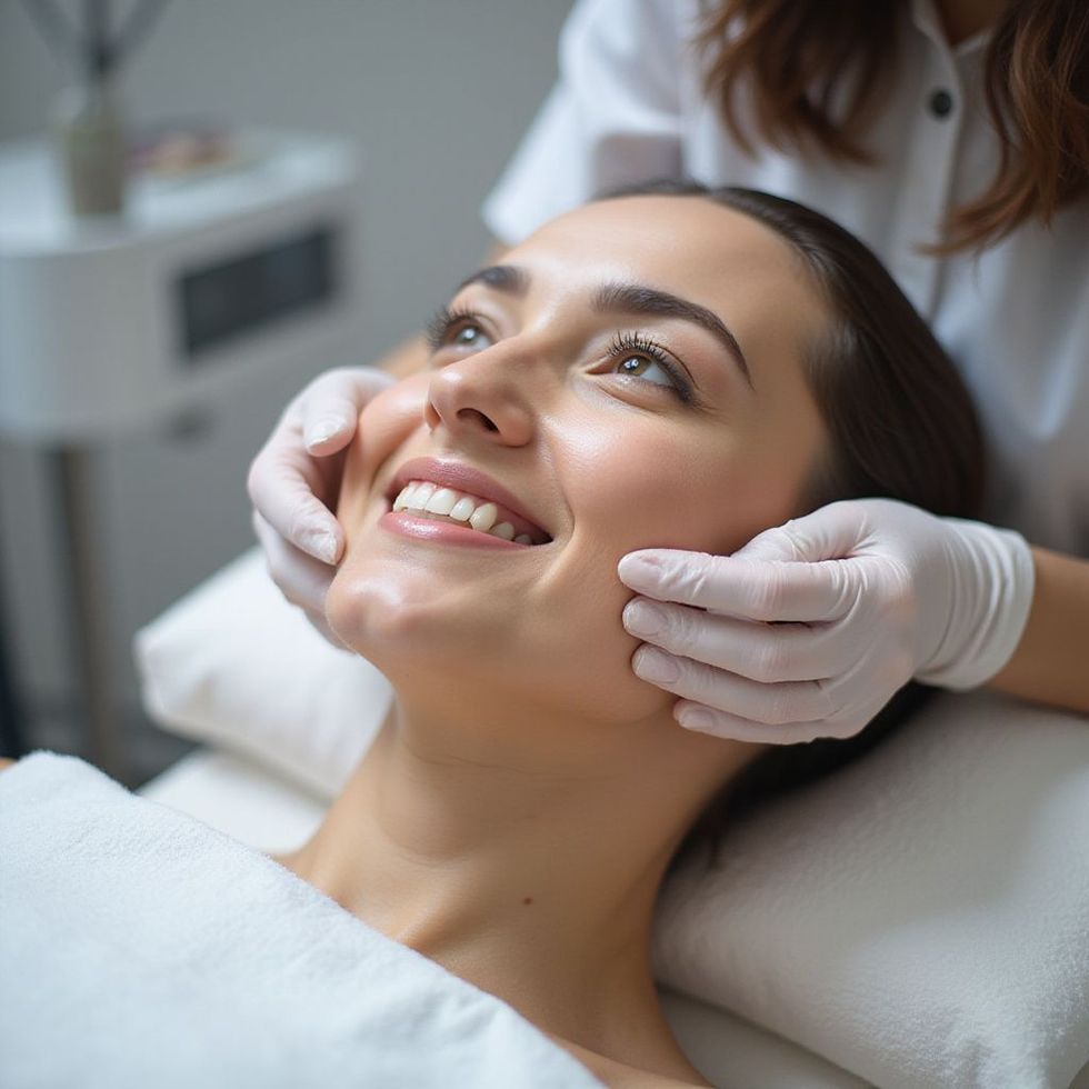 Mujer recibiendo tratamiento facial, sonriendo, con las manos en las mejillas. Interior de spa.