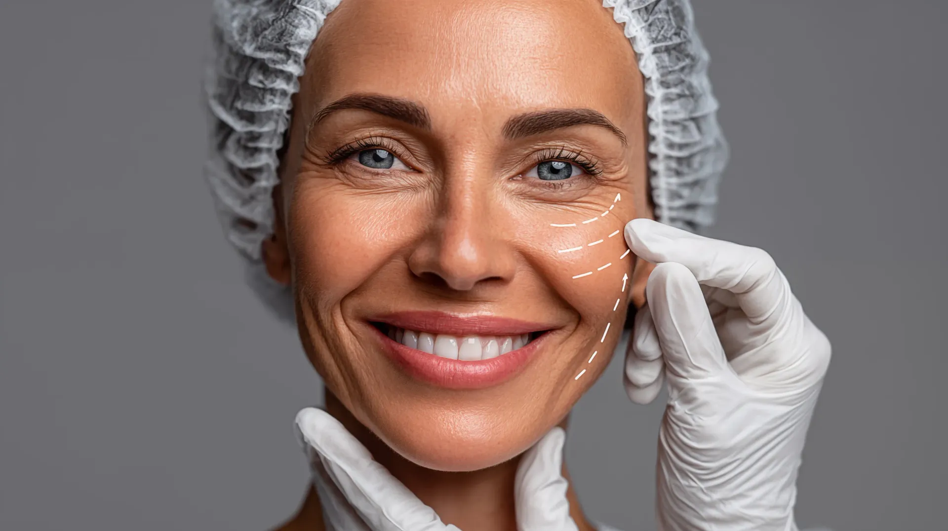 Una mujer con marcas quirúrgicas en la cara sonríe mientras el médico le toca la cara.