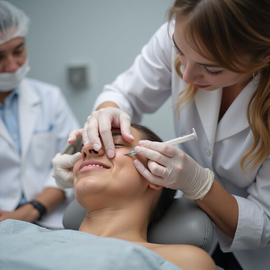 Un profesional médico inyecta una jeringa en la cara de una persona mientras otro médico observa.