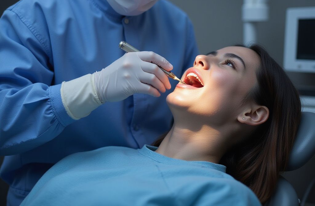Dentista examinando los dientes de un paciente con instrumental en una clínica. El paciente está sentado en un sillón.