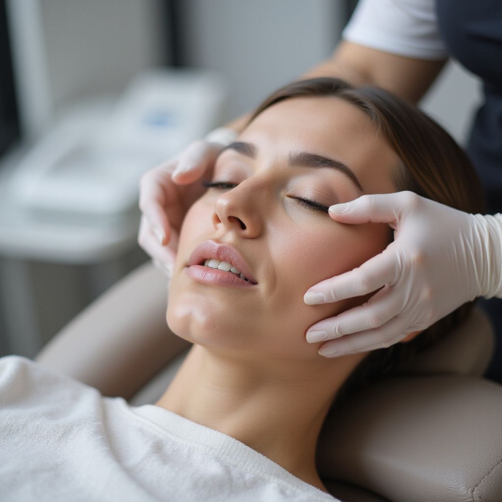 Mujer recibiendo un masaje facial con manos enguantadas en un spa.