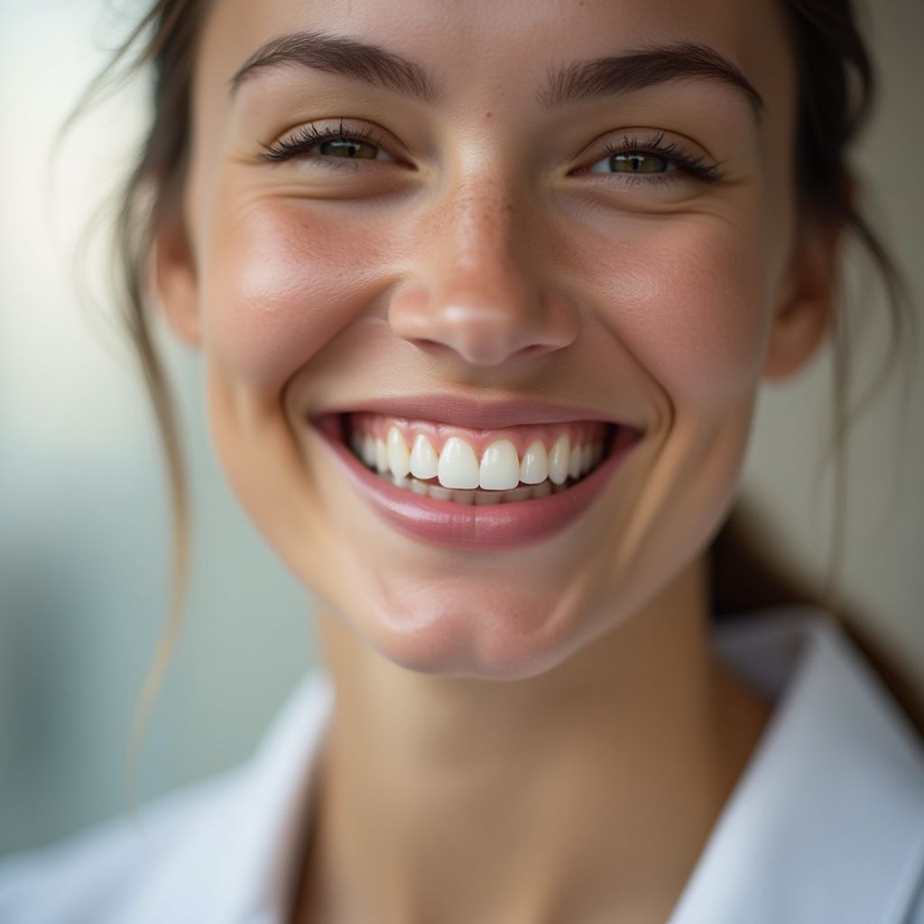 Persona sonriente, primer plano, al aire libre. Piel radiante, sonrisa radiante que revela dientes blancos. 
