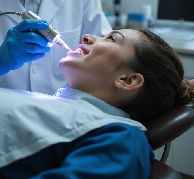 Dentista tratando los dientes de un paciente con una lámpara en el consultorio. El paciente está sentado en una silla.