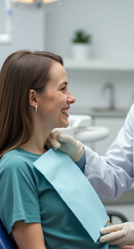 Dentista con guantes sonríe a un paciente en el sillón. Babero azul, bata blanca, consultorio dental.