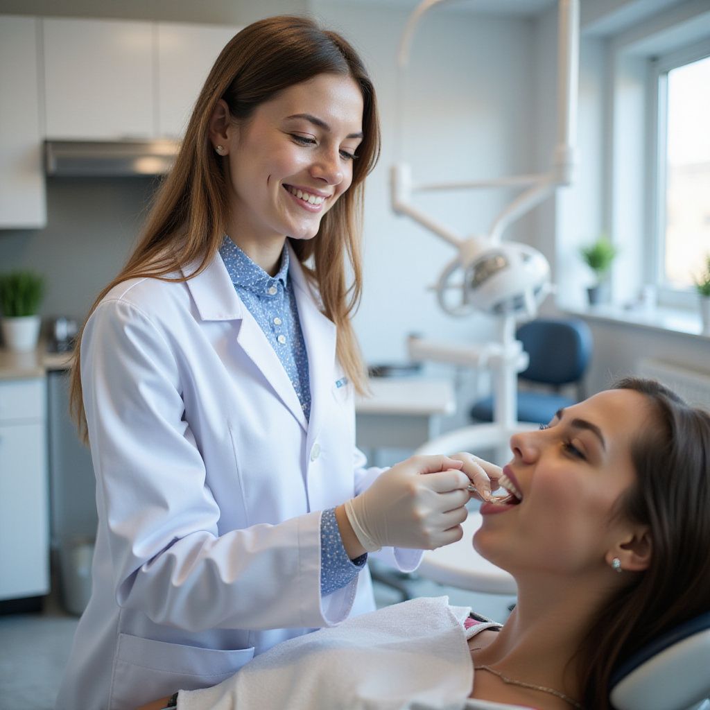 Dentista examinando los dientes de un paciente en una consulta. Ambos sonríen.