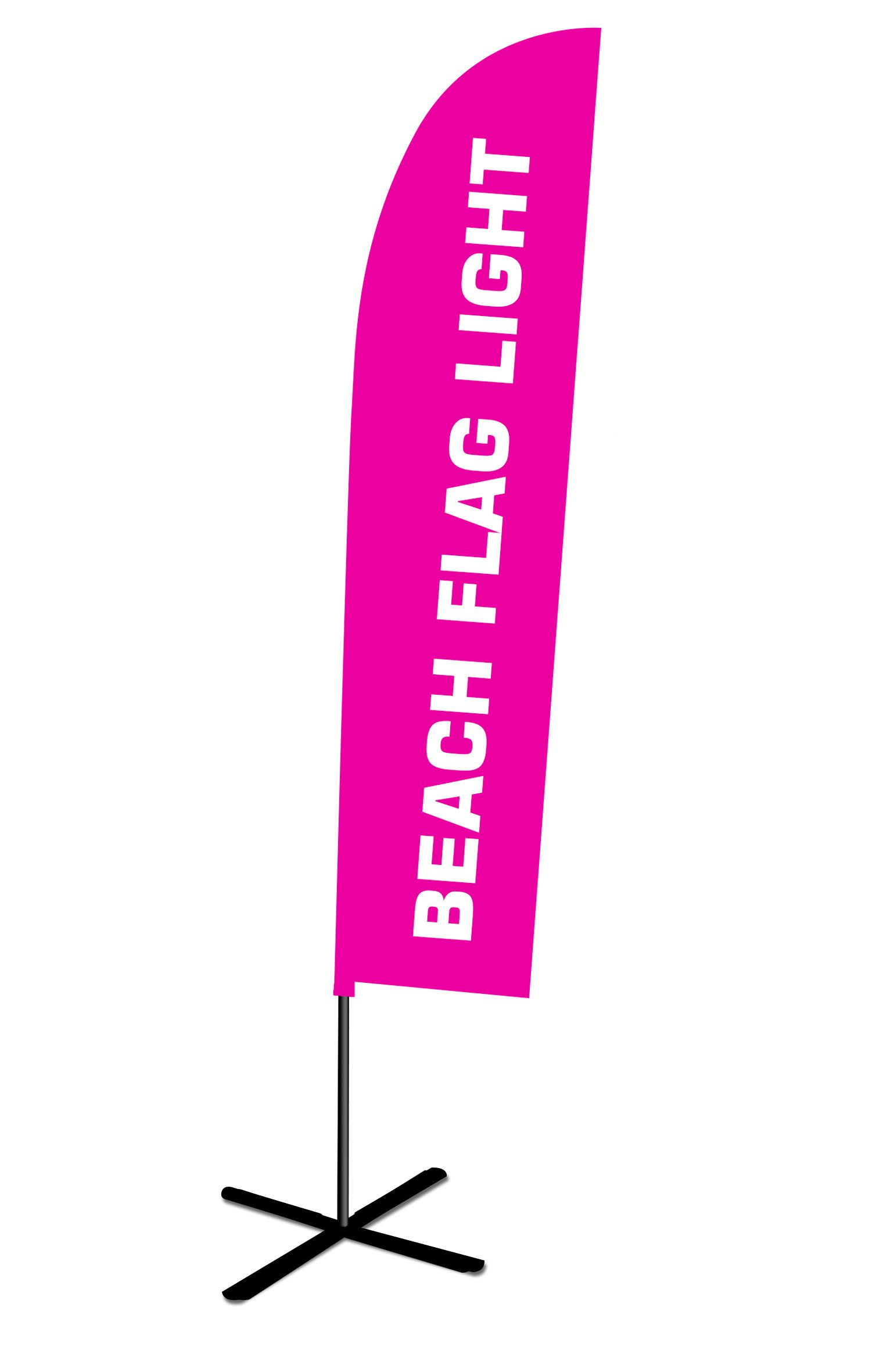 Una bandera de playa rosa con las palabras Beach Flag Light (Bandera de playa iluminada)