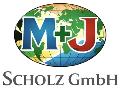 Logo der M+J Scholz GmbH mit blauen und roten Buchstaben über einer Globus-Illustration