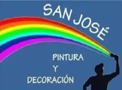 Logo de pinturas “San José”: arcoíris sobre fondo azul y silueta pintando, con texto “Pintura y decoración”.