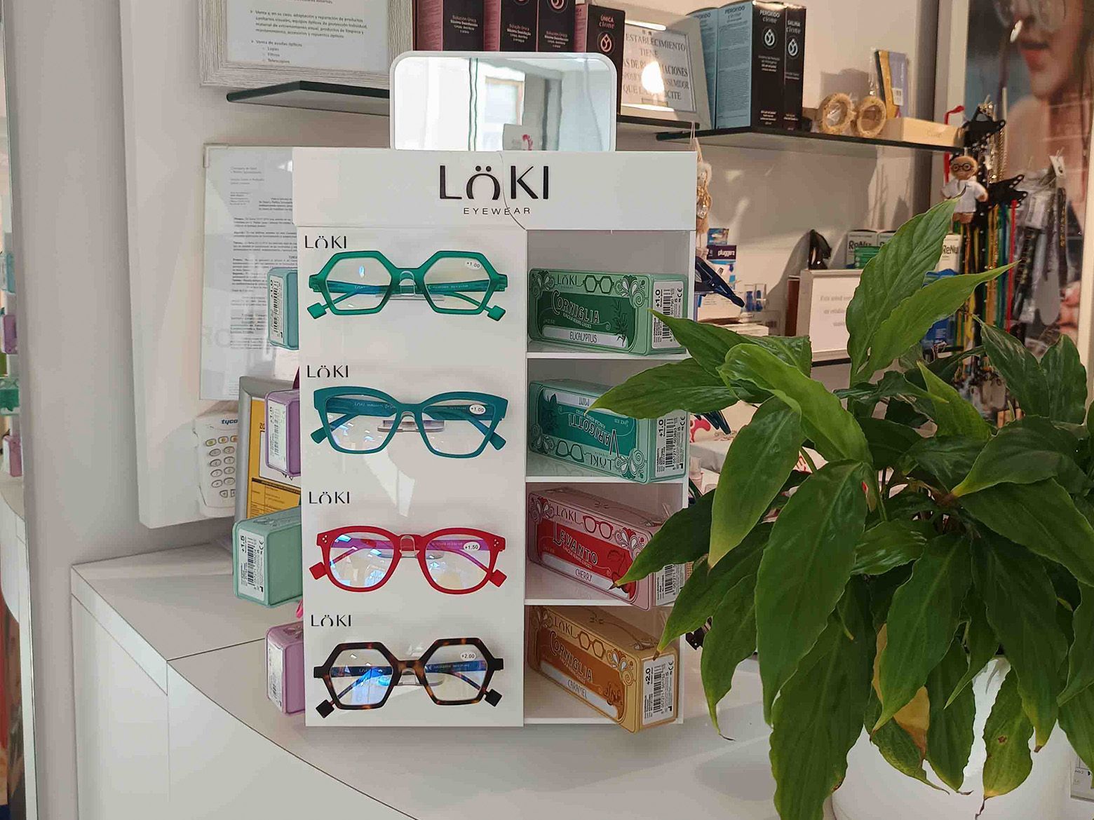 Una exhibición de vasos en una tienda con una planta al fondo.