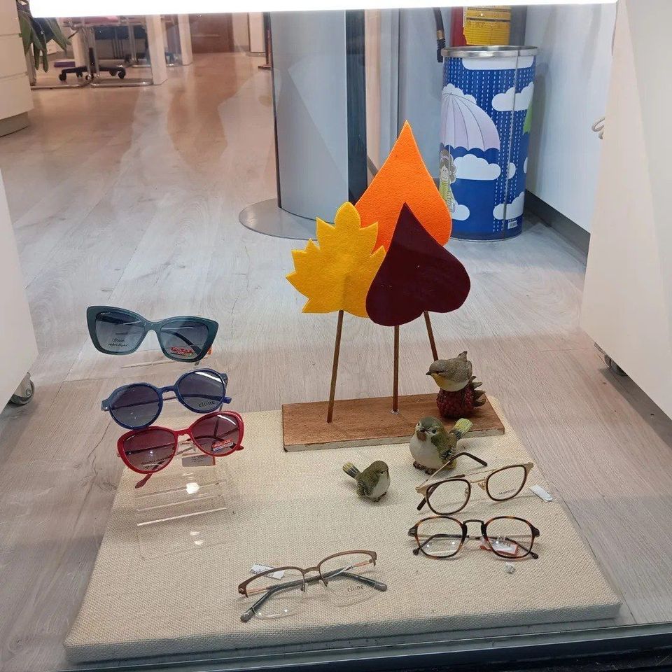 Una exhibición de gafas de sol y anteojos en el escaparate de una tienda.