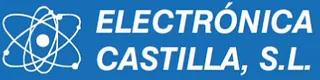Logotipo de "Electrónica Castilla, SL" con un símbolo de átomo estilizado sobre fondo azul.