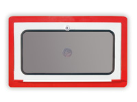 Una computadora portátil HP está dentro de un marco rojo y blanco.