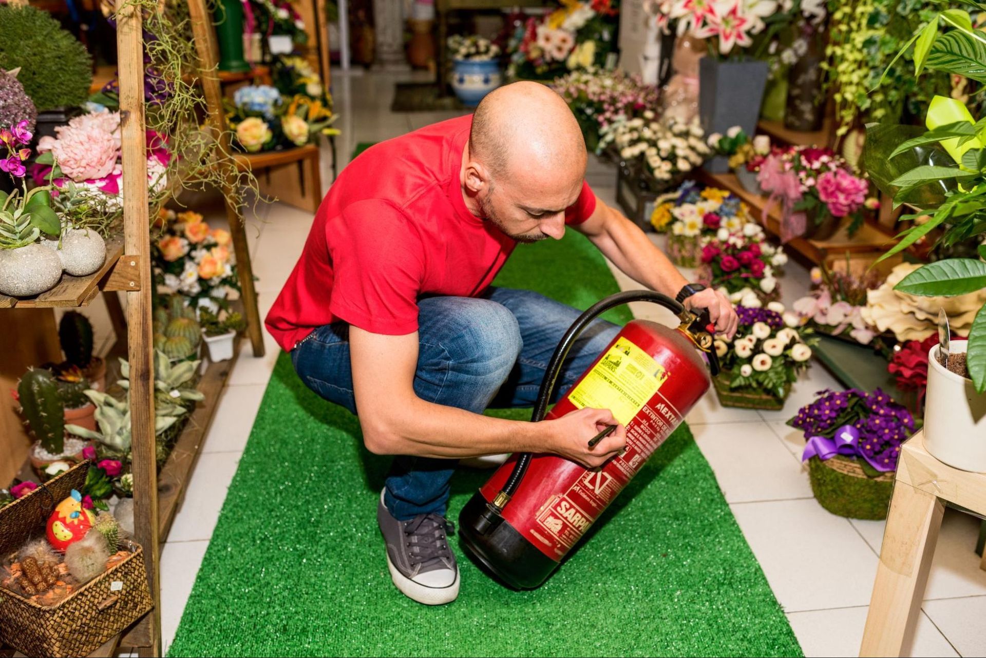 Alarma de incendio circular de color rojo sobre fondo azul claro.