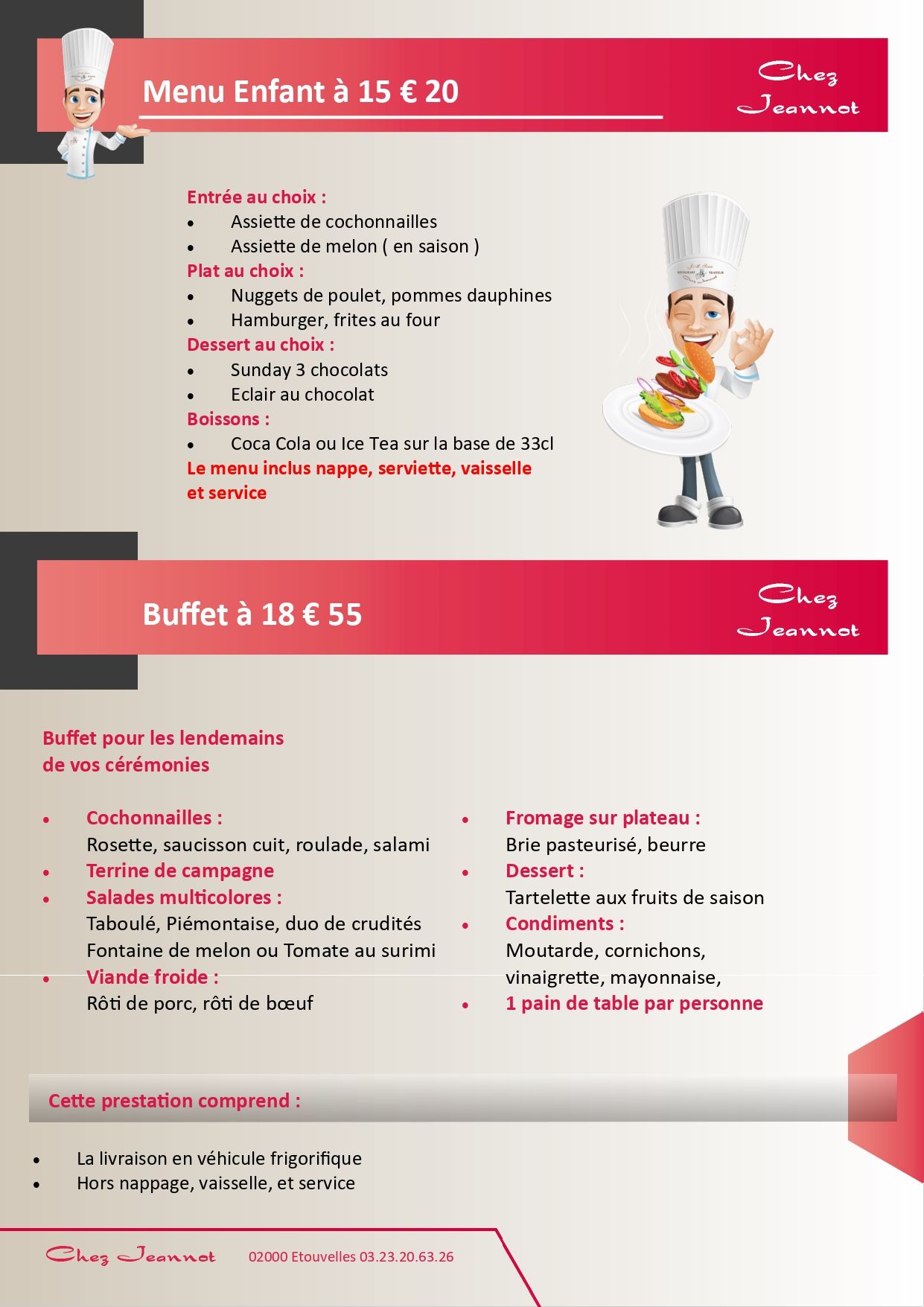 Menu Enfant et Buffet du lendemain