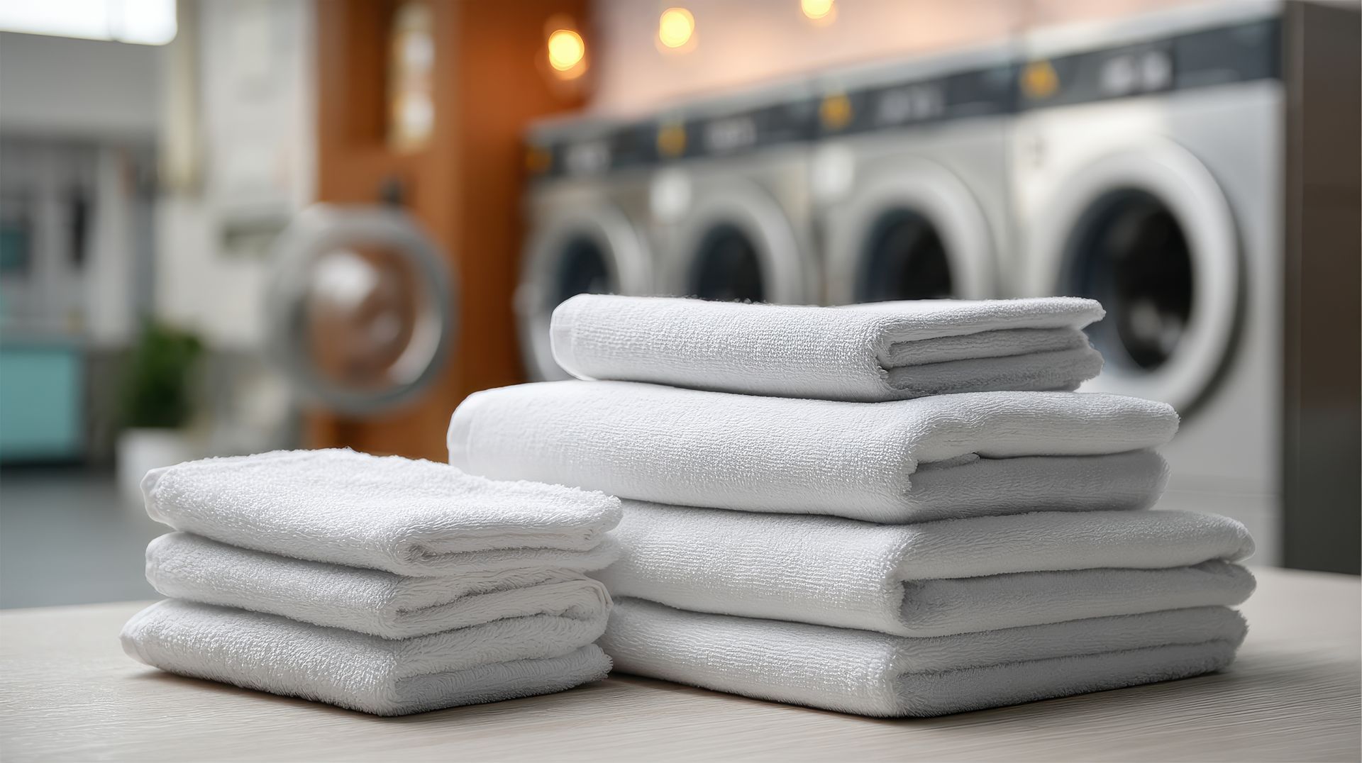 Des piles de serviettes blanches pliées sur une table devant des machines à laver.