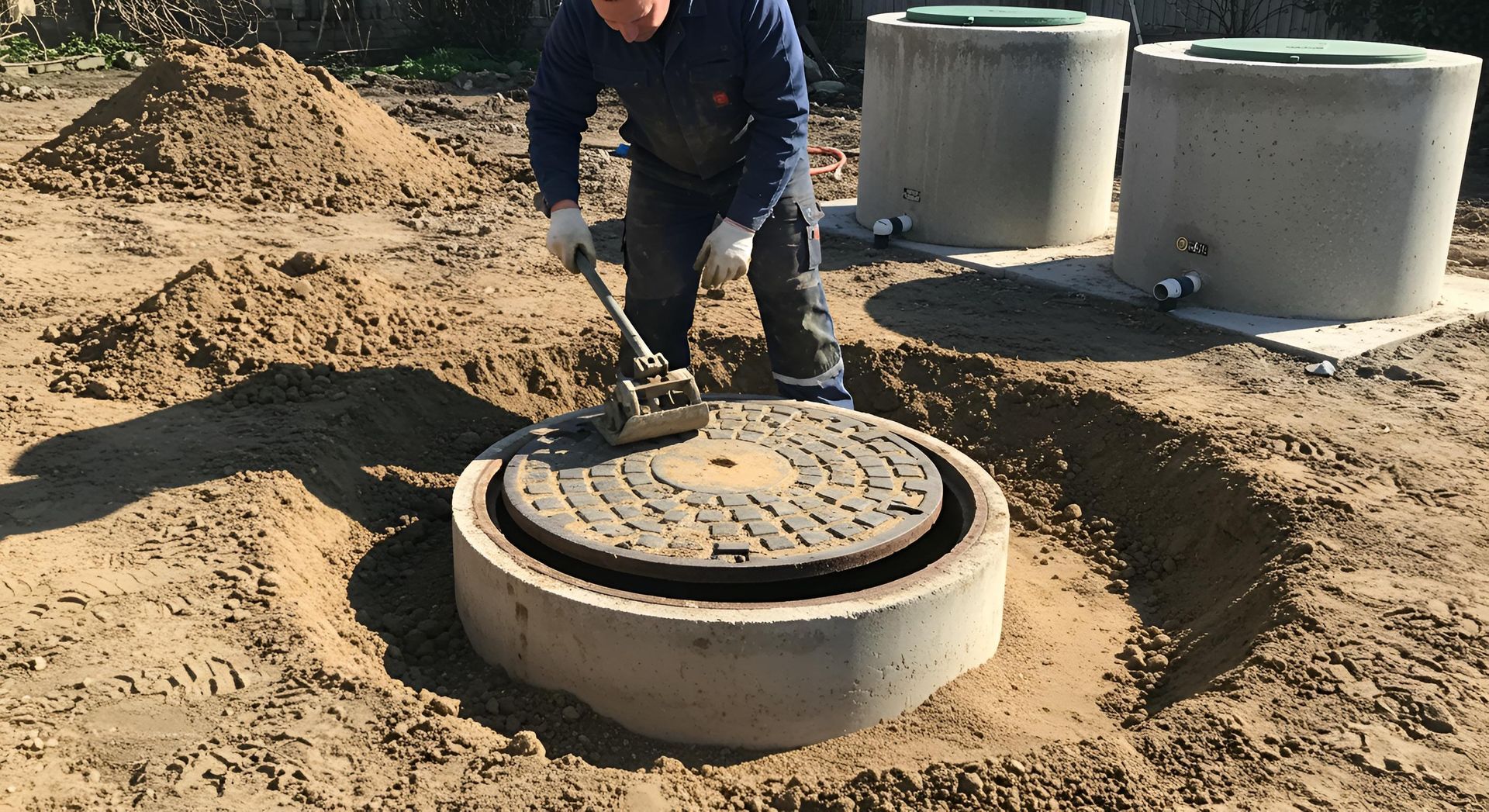 Un homme utilise un outil pour ouvrir une plaque d'égout dans une zone sablonneuse près d'anneaux en béton.