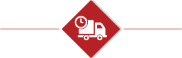Icône en forme de losange rouge avec un camion de livraison blanc et une horloge, indiquant une livraison à heure fixe ou express.