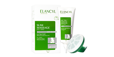 Boîtes vertes et blanches ELANCYL Slim Massage avec applicateur à rouleau de massage