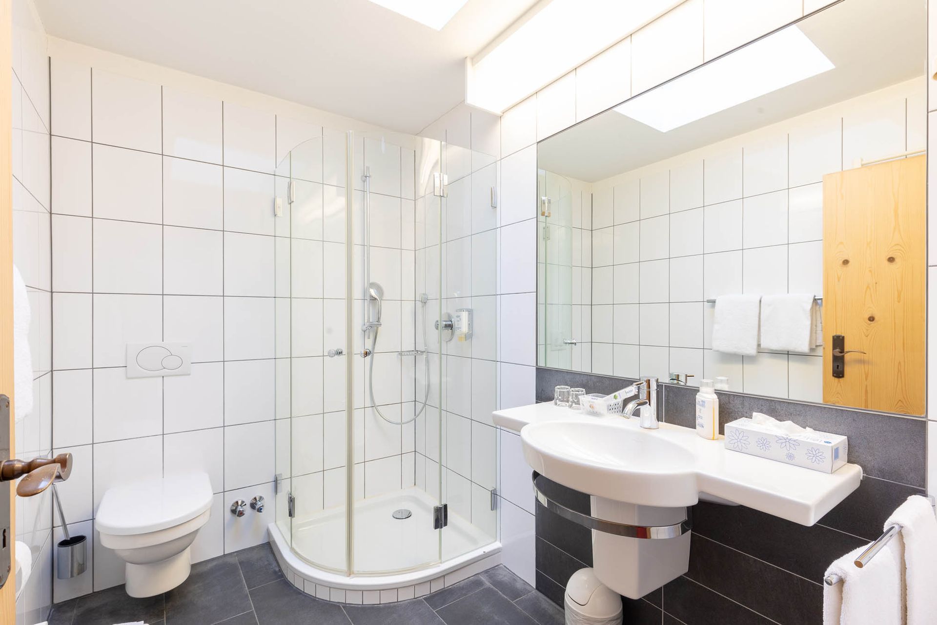 Ein Badezimmer mit Toilette, Waschbecken, Dusche und Spiegel.