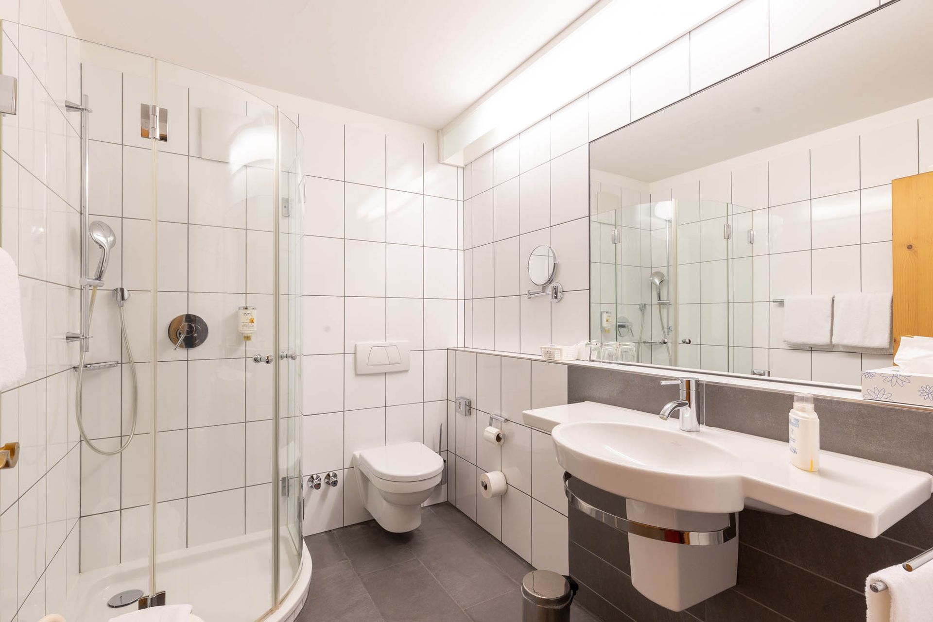 Ein Badezimmer mit Toilette, Waschbecken, Dusche und Spiegel.