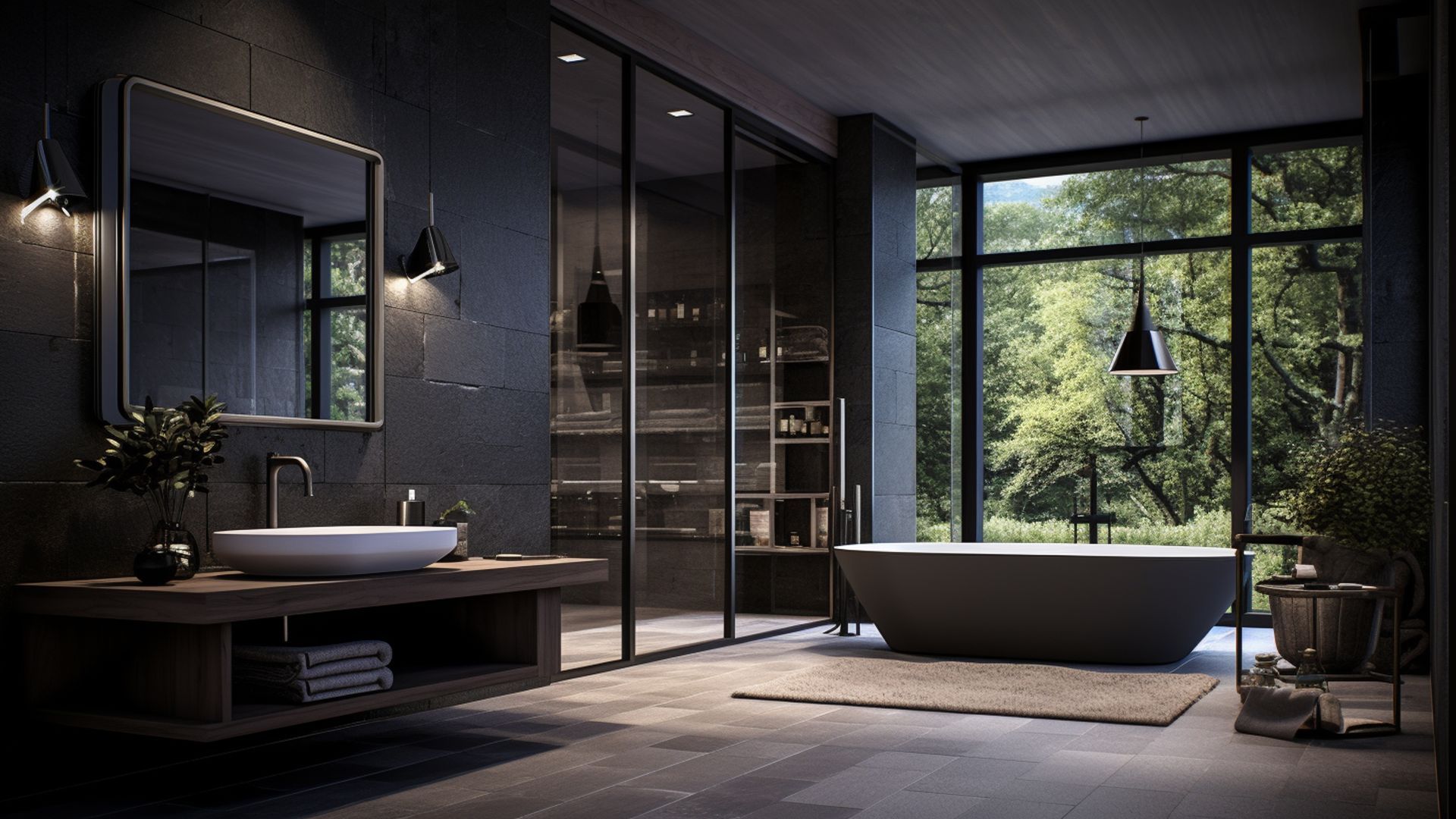 Ein Badezimmer mit Badewanne, Waschbecken, Spiegel und großen Fenstern.