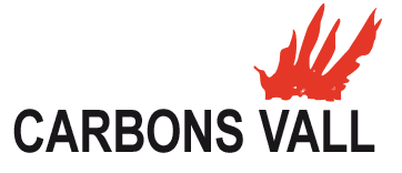 Un logotipo de Carbons Vall con una llama roja sobre un fondo blanco.