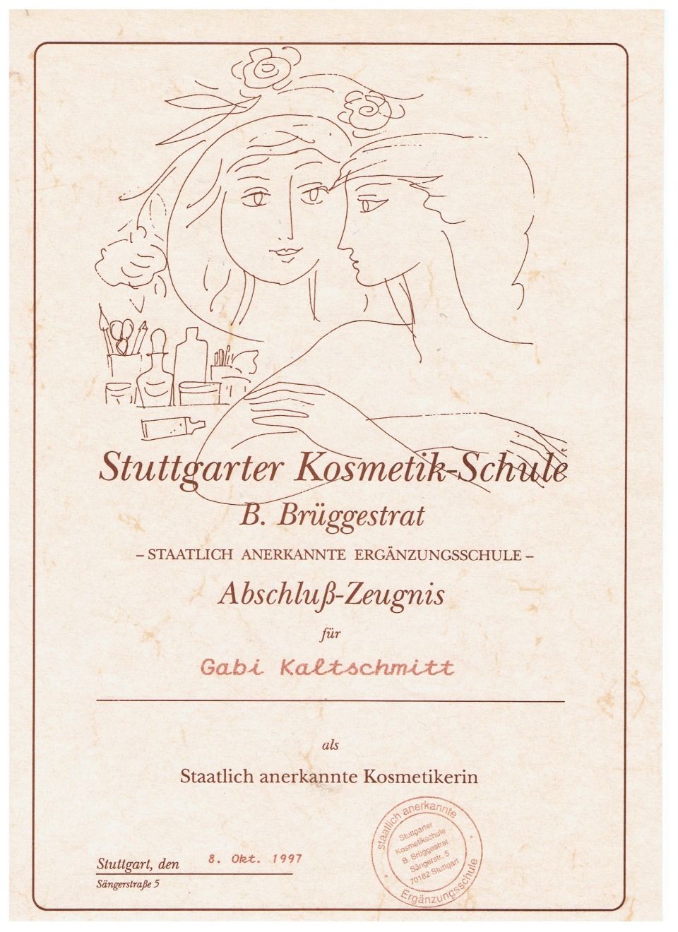 Abschluss-Zeugnis Stuttgarter Kosmetik-Schule